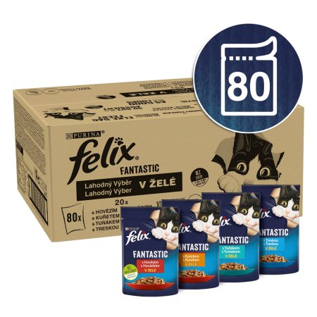 Felix Fantastic vrecko s hovädzím, kuraťom, tuniakom, treskou v želé 80 x 85 g
