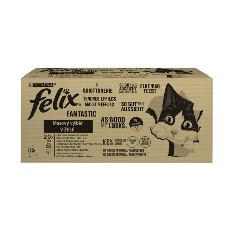 Felix Fantastic vrecko s hovädzím, kuraťom, tuniakom, treskou v želé 80 x 85 g