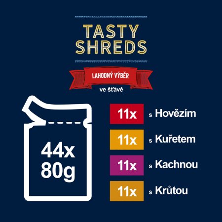 Felix Tasty Shreds hovädzie / kurča / kačica / morka v šťave Multipack 44 x 80 g
