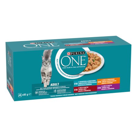 Purina One Adult minifiletky s jahňacím / morskými rybami / kuraťom / hovädzím a zeleninou v šťave Multipack 40 x 85 g