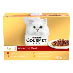 Gourmet Gold hovädzie/ morka s kačicou / losos s kuraťom / kura s pečeňou v šťave Multipack 12 x 85 g