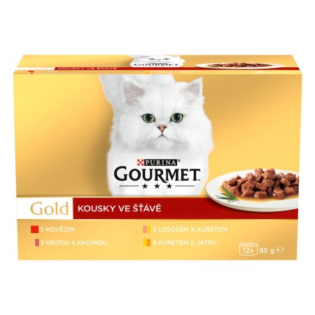 Gourmet Gold hovädzie/ morka s kačicou / losos s kuraťom / kura s pečeňou v šťave Multipack 12 x 85 g