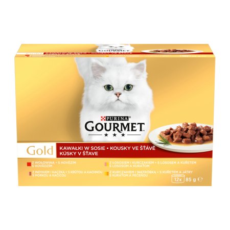 Gourmet Gold hovädzie/ morka s kačicou / losos s kuraťom / kura s pečeňou v šťave Multipack 12 x 85 g