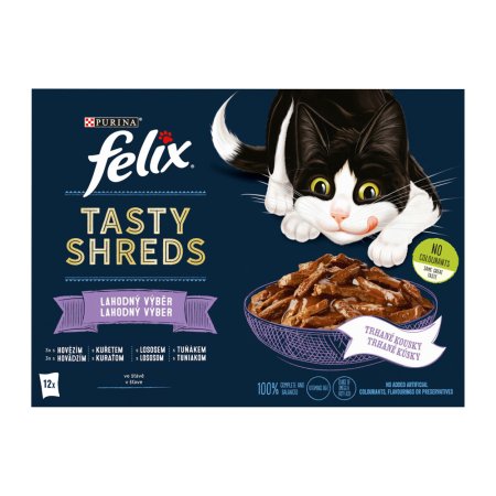 Felix Tasty Shreds hovädzie / kurča / losos / tuniak v šťave Multipack 12 x 80 g