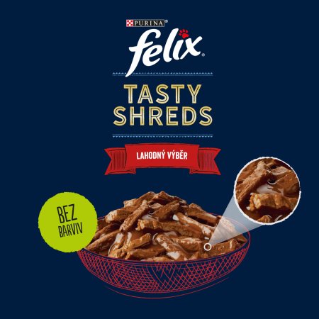 Felix Tasty Shreds hovädzie / kurča / losos / tuniak v šťave Multipack 12 x 80 g