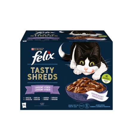 Felix Tasty Shreds hovädzie / kurča / losos / tuniak v šťave Multipack 12 x 80 g