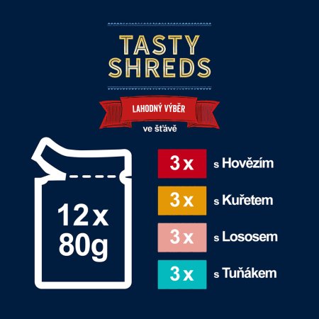 Felix Tasty Shreds hovädzie / kurča / losos / tuniak v šťave Multipack 12 x 80 g