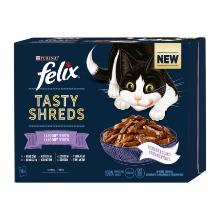 Felix Tasty Shreds hovädzie / kurča / losos / tuniak v šťave Multipack 12 x 80 g