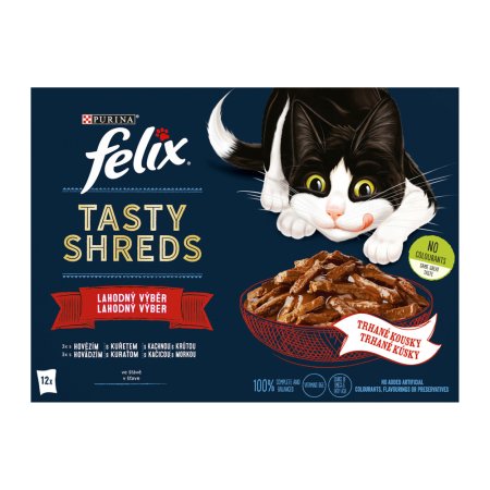 Felix Tasty Shreds hovädzie/ kurča/ kačica / morka v šťave Multipack 12 x 80 g