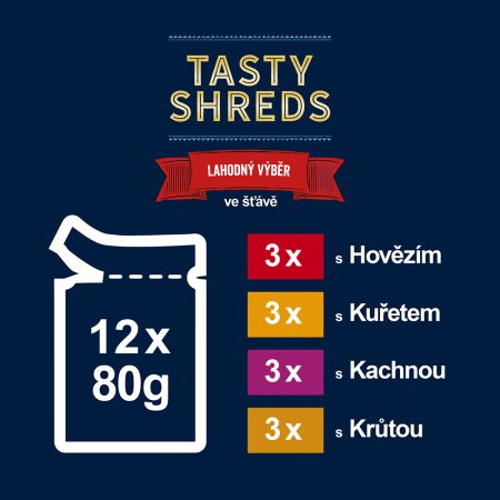 Felix Tasty Shreds hovädzie/ kurča/ kačica / morka v šťave Multipack 12 x 80 g