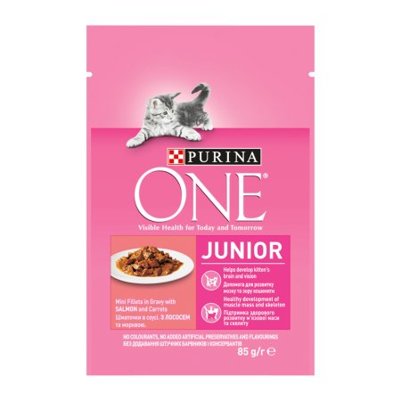 Purina One Junior Mini filetky s lososom a mrkvou v šťave 26 x 85 g