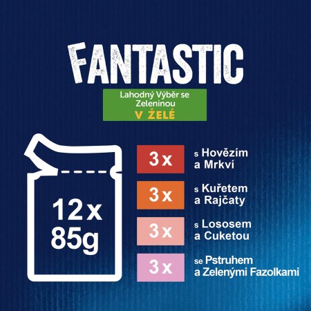 Felix Fantastic sáček hovädzie s mrkvou, kurča s rajčatami, losos s cuketou, pstruh s kelom. fazuľkami 12 x 85 g