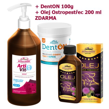 VITAR Veterinae Artivit Sirup 1000 ml s dávkovačom + DentON 100g + Pestrec olej 200 ml ZADARMO