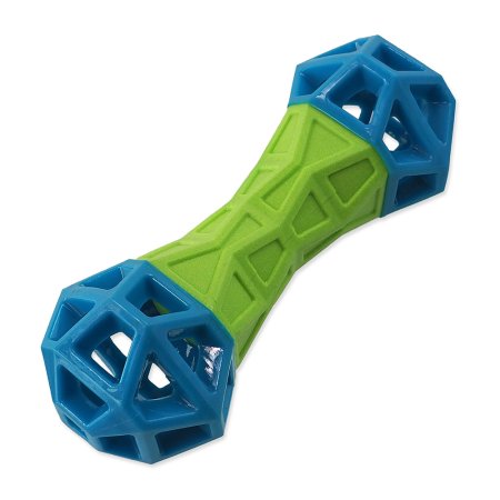 Hračka DOG FANTASY Kosť s geometrickými obrazcami pískacia zeleno-modrá 18x5,8x5,8cm