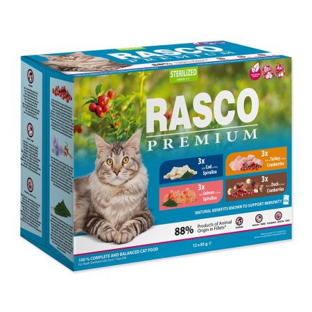 Kapsičky RASCO Premium Cat Pouch Sterilized - 3x salmón, 3x cod, 3x duck, 3x turkey 1020g