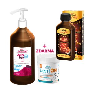VITAR Veterinae Artivit Sirup 1000 ml s dávkovačom + DentON 100g + Lososový olej 500 ml ZADARMO