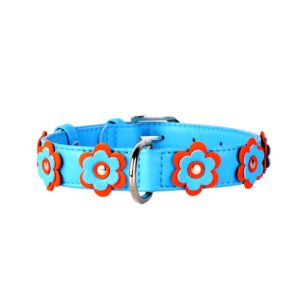 Obojok kožený Glamour Flower - modrý (46-60cm/35mm)