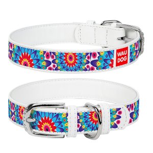 WAUDOG obojok kožený Flowers biely (38-49cm/2,5cm)