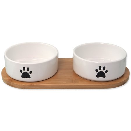 Set DOG FANTASY misky keramické s podtáckom biele labka 2x 13 x 5,5 cm