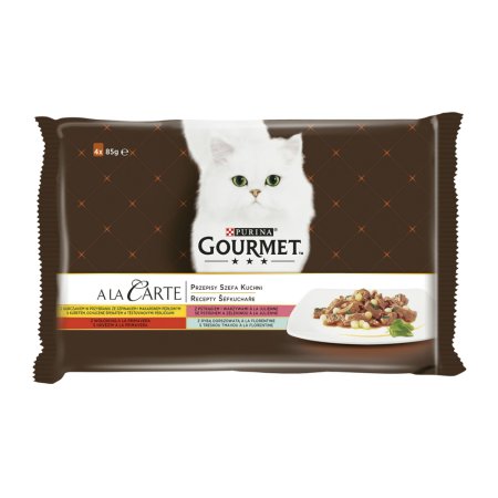 Gourmet A la Carte kura s cestovinou, hovädzie mäso a pstruh so zeleninou, tmavá treska multipack 4 x 85 g