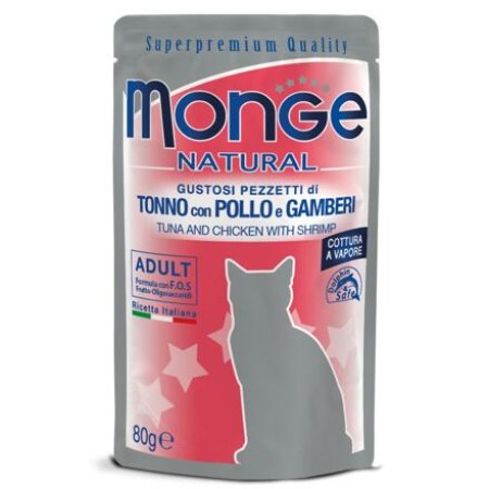 MONGE NATURAL vrecko tuniak v želé s krevetami pre mačky 80g