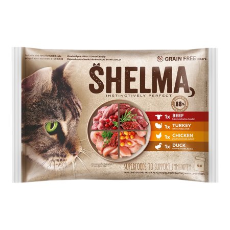 Shelma mačka kapsičky s kuracím, hovädzím, kačacím a morčacím 4 x 85 g