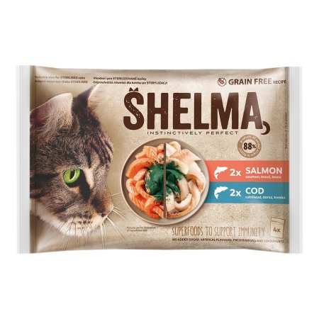 Shelma mačka kapsičky 2 xs lososom + 2 xs treskou 4 x 85 g 