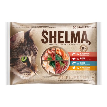 Shelma mačka kapsičky s kuracím, hovädzím, lososom a treskou 4 x 85 g 