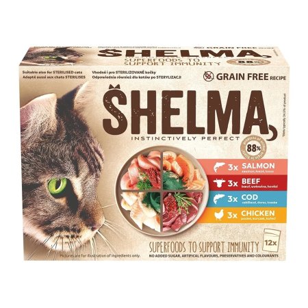 Shelma mačka kapsičky s kuracím, hovädzím, lososom a treskou 12 x 85 g