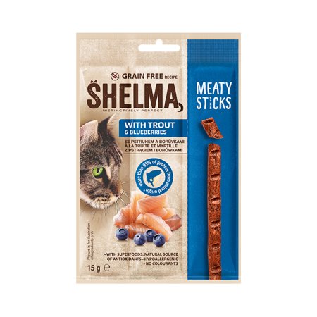 Shelma Snack mäsové tyčinky s pstruhom a čučoriedkami 15 g