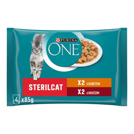 Purina One Multipack Sterilcat minifiletky s kuraťom a zelenými fazuľkami s hovädzím a mrkvou v šťave 4 x 85 g