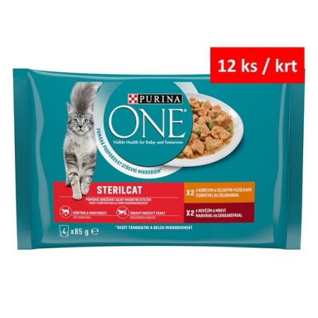 Purina One Multipack Sterilcat minifiletky s kuraťom a zelenými fazuľkami s hovädzím a mrkvou v šťave 4 x 85 g