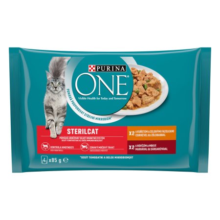 Purina One Multipack Sterilcat minifiletky s kuraťom a zelenými fazuľkami s hovädzím a mrkvou v šťave 4 x 85 g