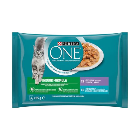 Purina One Multipack Indoor minifiletky s tuniakom a zelenými fazuľkami s teľacím a mrkvou v šťave 4 x 85 g
