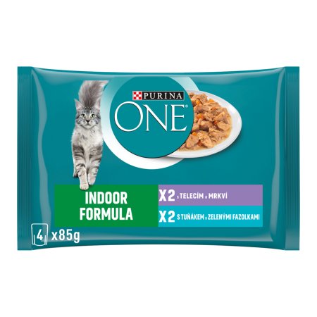 Purina One Multipack Indoor minifiletky s tuniakom a zelenými fazuľkami s teľacím a mrkvou v šťave 4 x 85 g