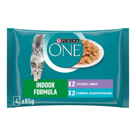 Purina One Multipack Indoor minifiletky s tuniakom a zelenými fazuľkami s teľacím a mrkvou v šťave 4 x 85 g