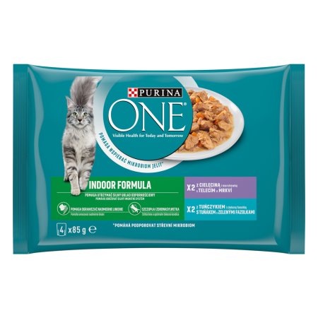 Purina One Multipack Indoor minifiletky s tuniakom a zelenými fazuľkami s teľacím a mrkvou v šťave 4 x 85 g