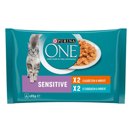 Purina One Multipack Sensitive minifiletky s kuraťom a mrkvou s tuniakom a mrkvou v šťave 4 x 85 g