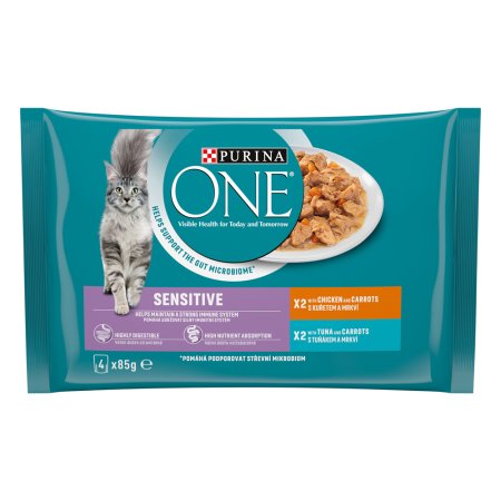 Purina One Multipack Sensitive minifiletky s kuraťom a mrkvou s tuniakom a mrkvou v šťave 4 x 85 g