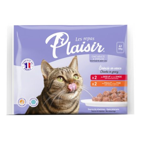 Plaisir cat Vrecko Multipack pre dospelé aj kastrované mačky 4x85g (2xhovädzie, 2xkuracie)