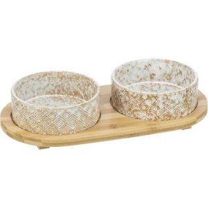 Trixie Set misiek v bambusovom stojane, biela/svetlohnedá 2 × 0,3 l