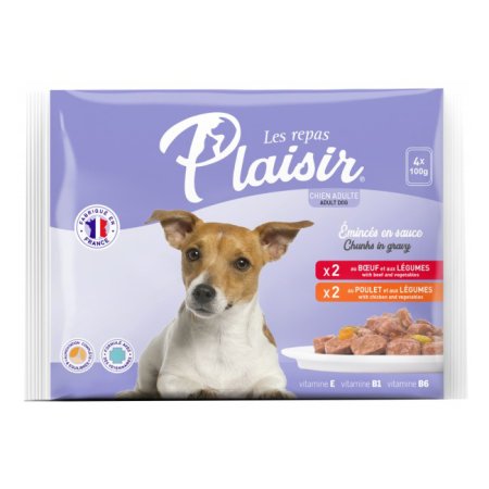 Plaisir dog Vrecko Multipack pre dospelých psov 4x100g (2xhovieži, 2xkuracie)