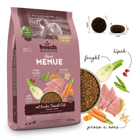 Bosch HPC MENUE Junior s animal welfare turkey + oats & millet 12 kg (POŠKODENÝ OBAL)