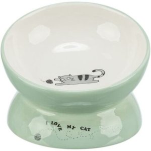 Trixie Keramická miska vyvýšená s motívom mačky, ergonomický tvar, 0,15 l / 13 cm, šalvia/biela
