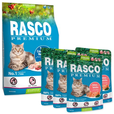 Krmivo Rasco Premium Sterilized tuniak 2kg + 4 kapsičky Rasco Premium 85g ZADARMO