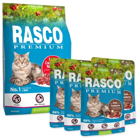 Krmivo Rasco Premium Sterilized hovädzie 2kg + 4 kapsičky Rasco Premium 85g ZADARMO