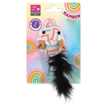 Hračka Magic Cat Rainbow Relax myš s pierkom a šantou mačacia biela 5,5cm 