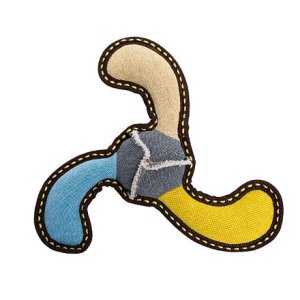 Bumerang jutový 27 cm, robustný aport pre psov, HIPHOP DOG, béžová/modrá/žltá