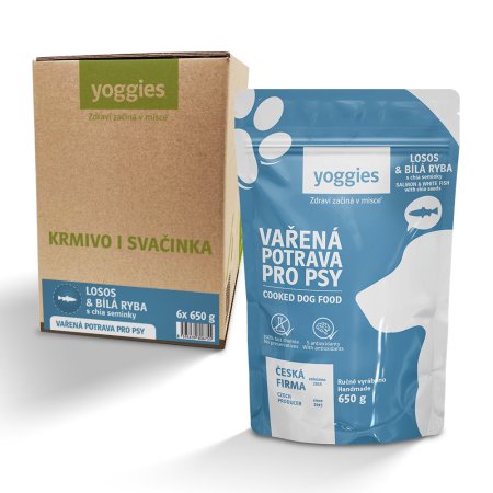 Yoggies Vařená potrava pro psy - losos a bílá ryba s chia semínky 6 x 650 g 