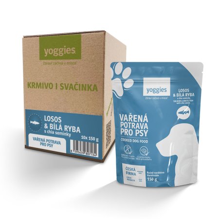 Yoggies Vařená potrava pro psy - losos a bílá ryba s chia semínky 10 x 150 g